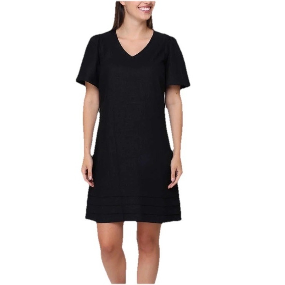 Nicole Miller Original Mini Dress XL Black Linen Blend V Neck Pleated Hem Goth